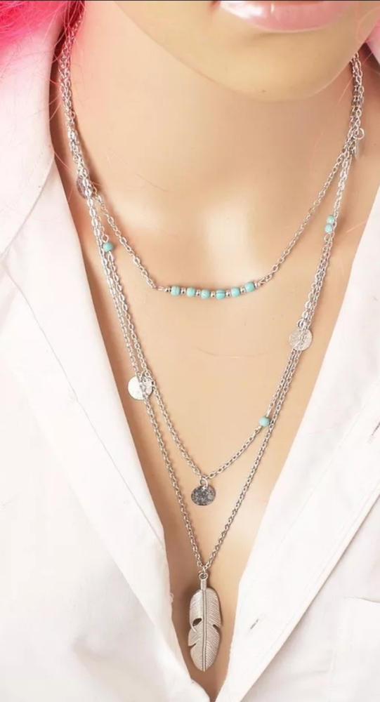 3 Strand Layer Silver & Turquoise Bar Feather Bead